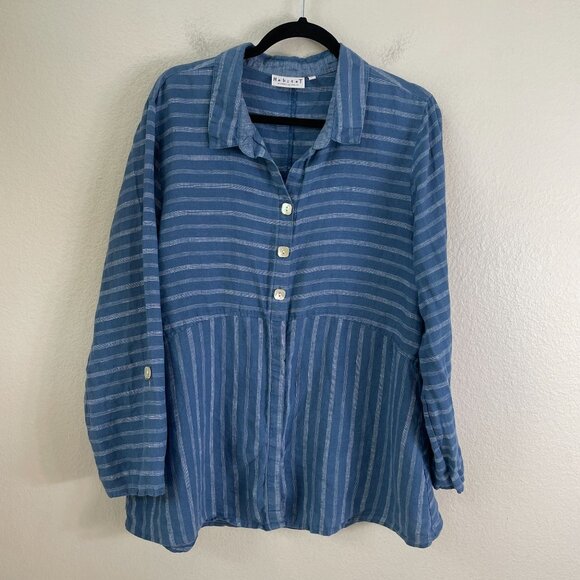 Habitat Womens Large Blue Striped 100% Linen Button Up Shirt Lagenlook Top - Picture 8 of 10